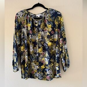 J. Jill Multicolor Button Down Floral Blouse - Navy, Yellow, Pink